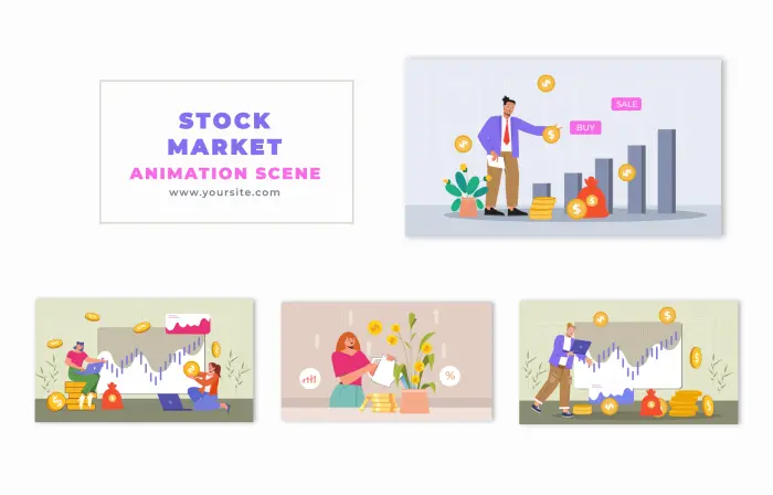 Stock Market Investment Performance Flat Character Animation Scene